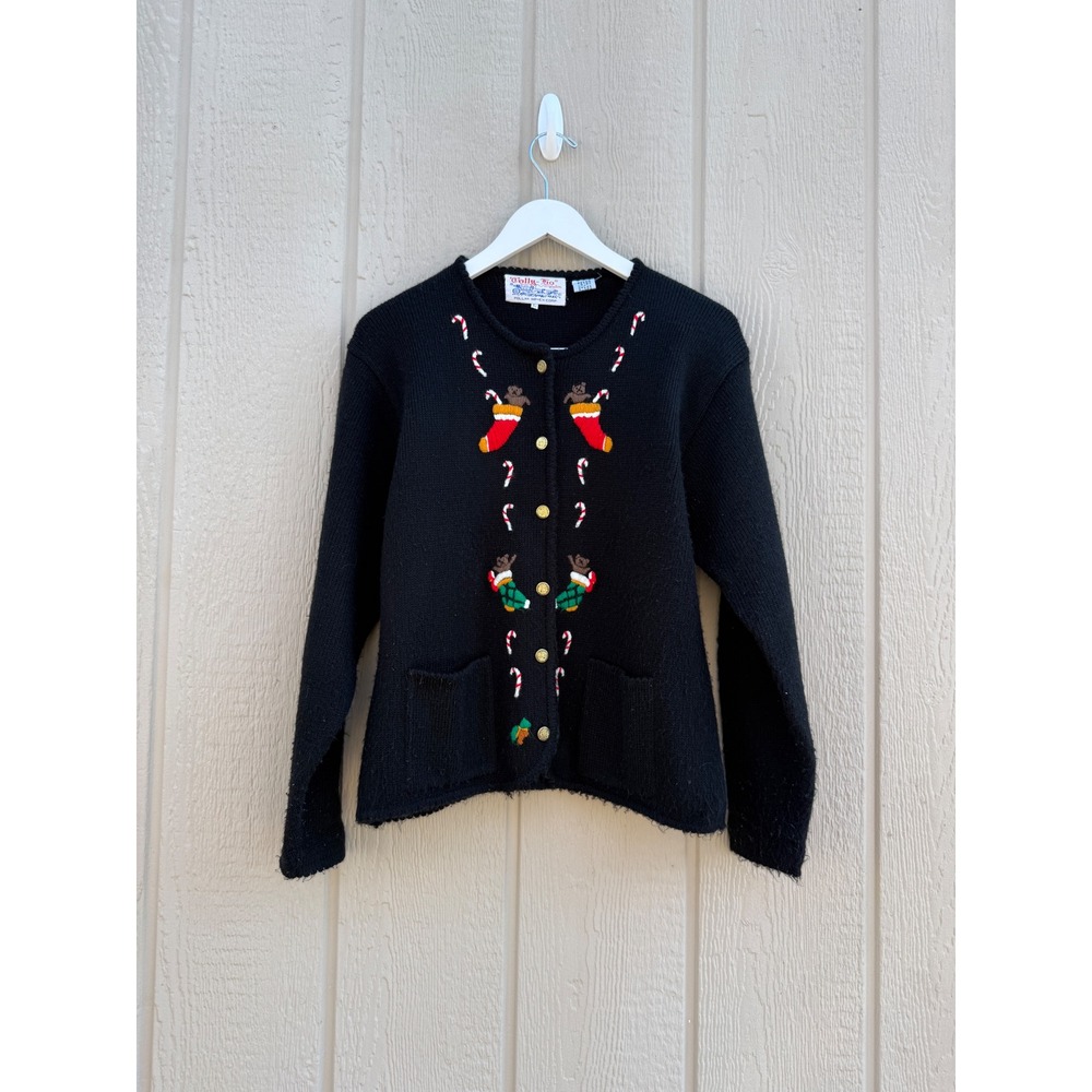 Tally-Ho Large Christmas Cardigan Vintage Kitsch Acrylic Candy Cane Stocking
